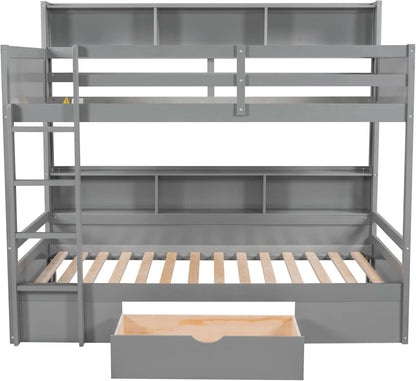Gray Twin Over Twin Bunk Bed With Storage Drawers Shelves