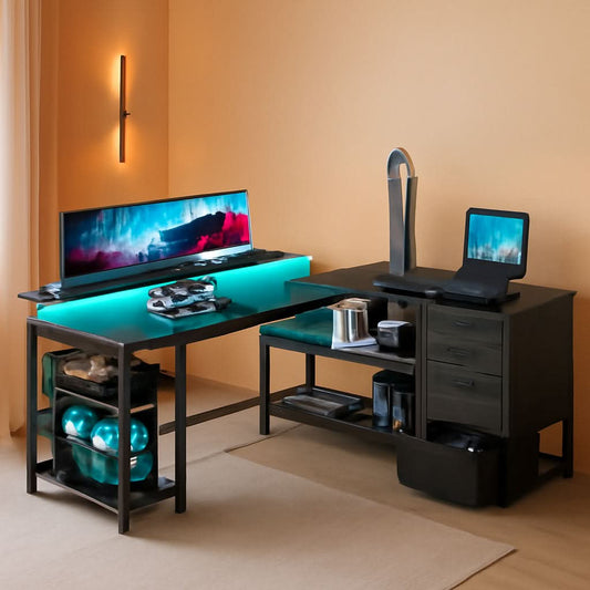 61 Inch L Shaped Desk With Power Outlets For Home Office