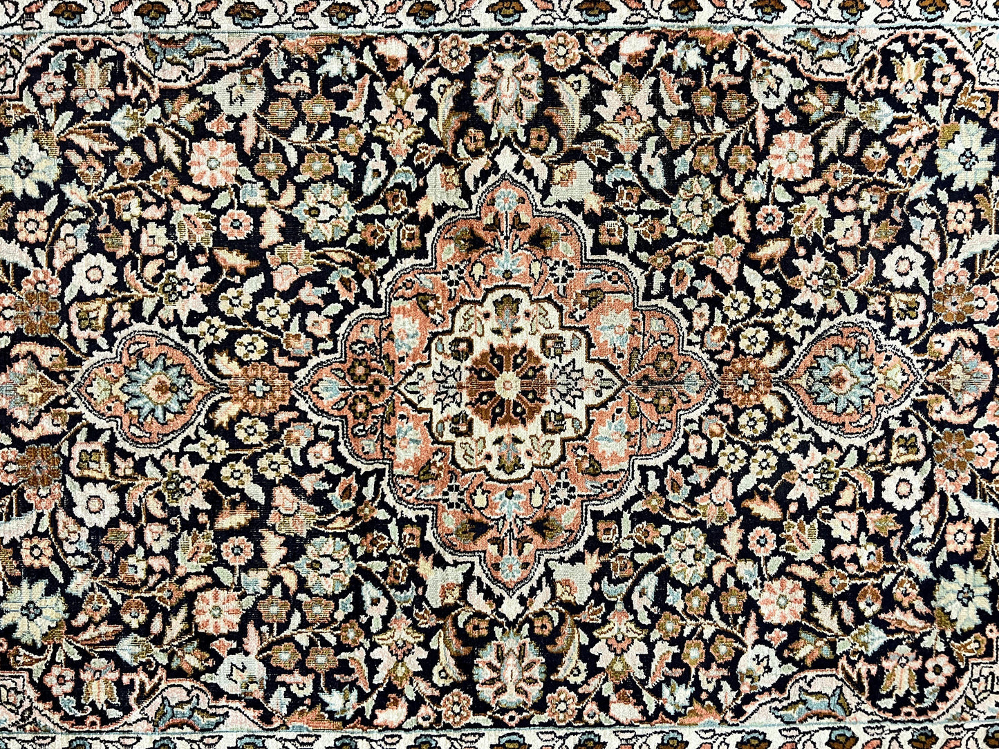 Silk Indian Kashmiri Rug 3x5, Indo Persian Silk on Silk Carpet, Very Fine 350 KPSI, Navy Blue, Handmade, Floral Medallion