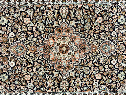 Silk Indian Kashmiri Rug 3x5, Indo Persian Silk on Silk Carpet, Very Fine 350 KPSI, Navy Blue, Handmade, Floral Medallion