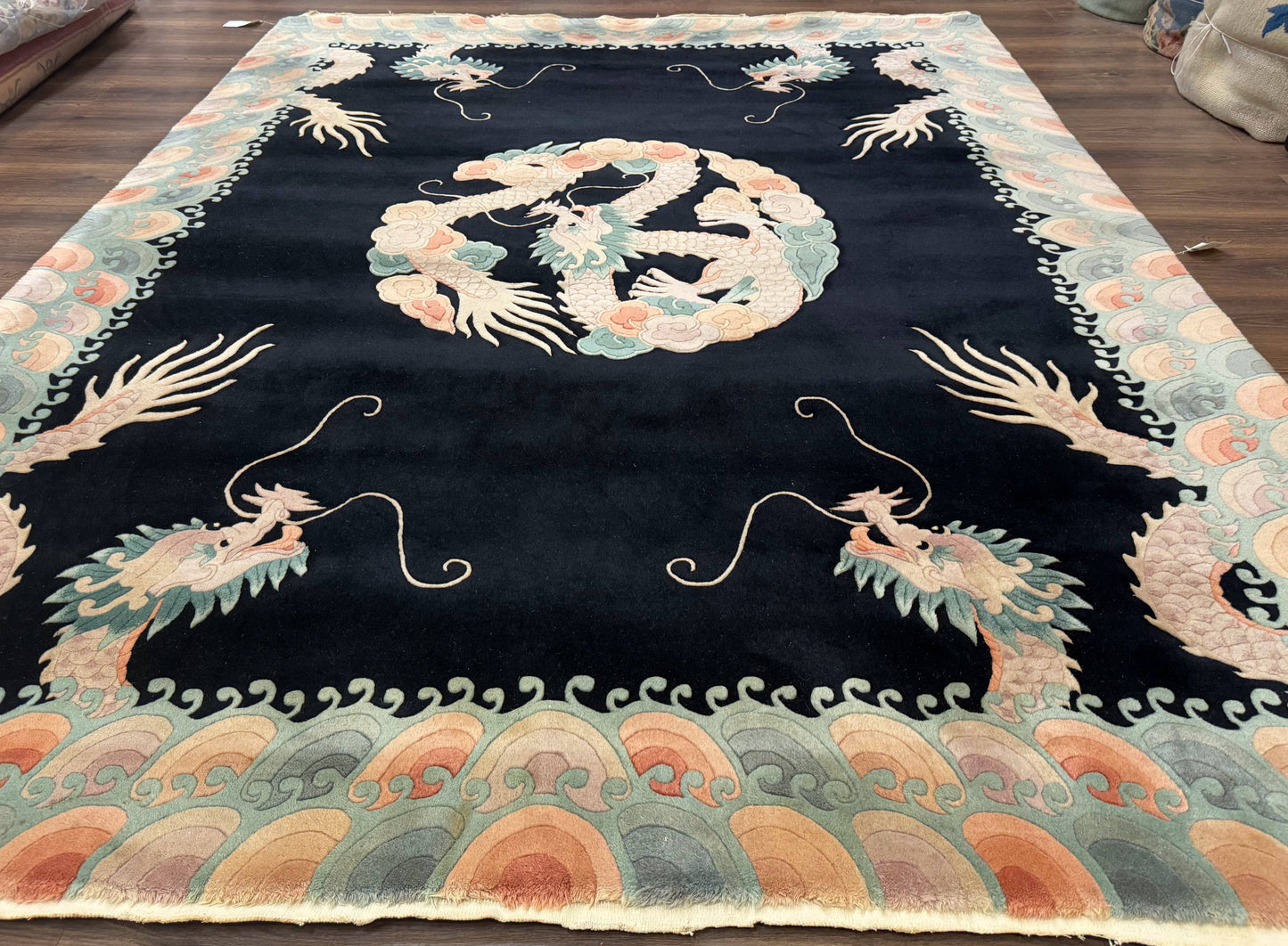 Black Chinese Wool Rug 8x10 with Dragons, Rainbow Borders, Rare