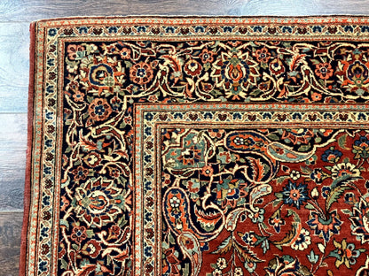 Persian Kashan Rug 4x7, Red and Navy Blue, Floral Antique Carpet