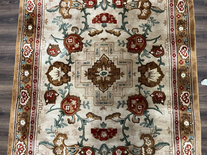 Chinese Wool Rug 5.9 x 9, Tan and Brown Asian Art Deco Carpet, Vintage 1960s Oriental Rug, Hand-Knotted Rug, Soft Wool, Medallion, Pair B