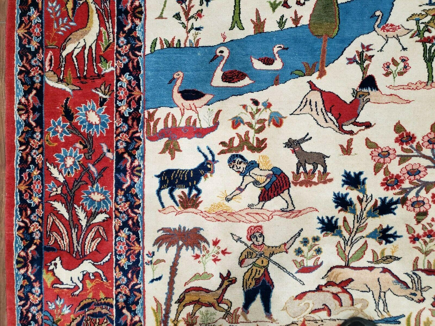 Antique Persian Isfahan Rug 5x7, Animal and Human Pictorials, Hand Knotted Fine Oriental Wool Carpet, Cream and Red, High KPSI, Vintage Rug 5 x 7 ft