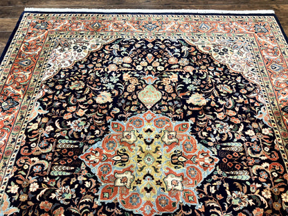 Indo Persian Rug 8x10, Midnight Blue & Red, Handmade Vintage Wool Carpet, Floral Medallion