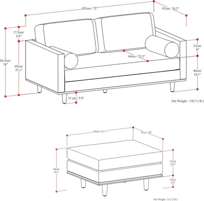 Morrison 72 Inch Mid Century Modern Sofa Set Mist Grey
