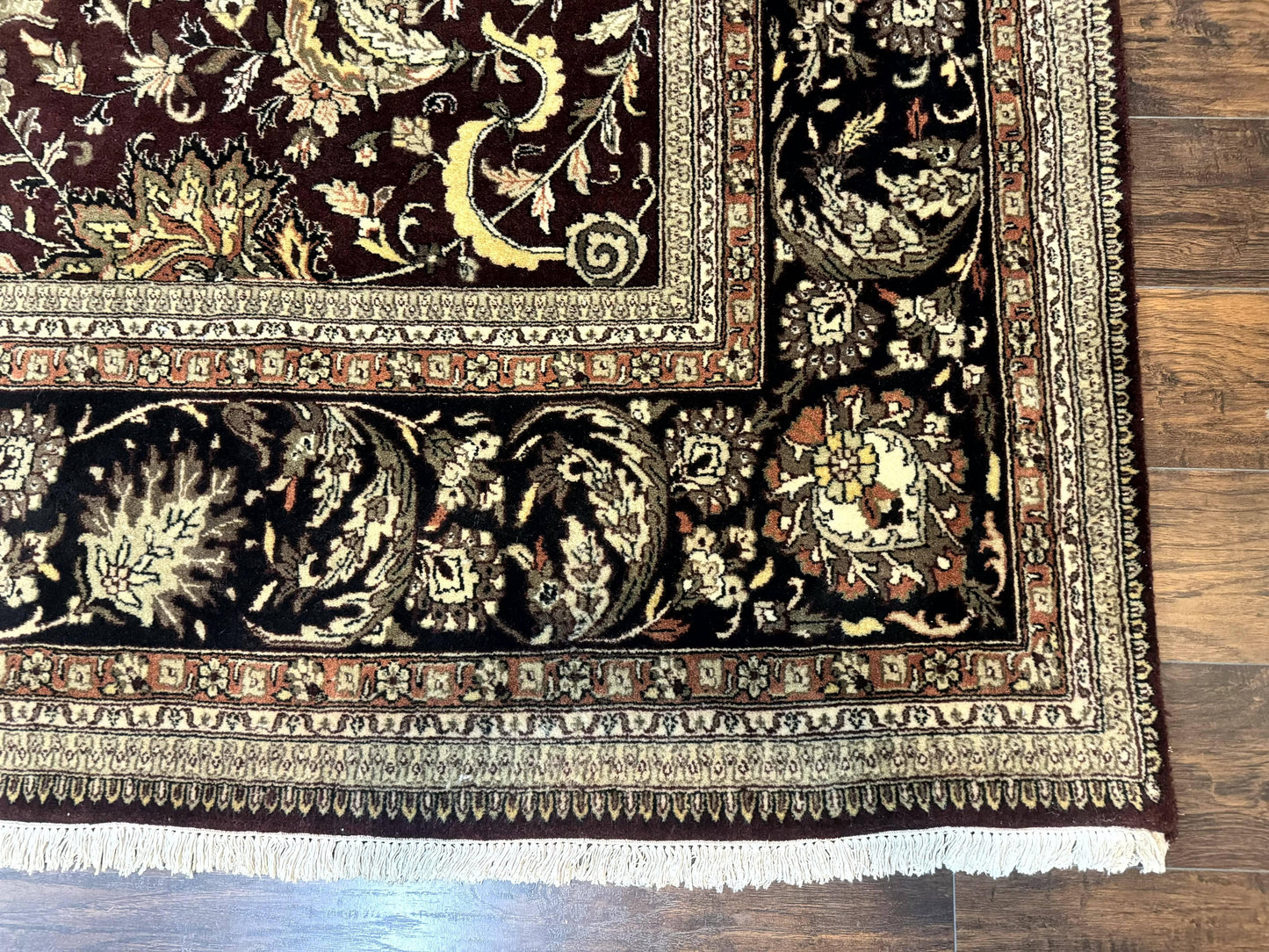 Indo Persian Rug 10x14, Floral Allover, Handmade Vintage Wool Rug, Dark Maroon/Plum and Black