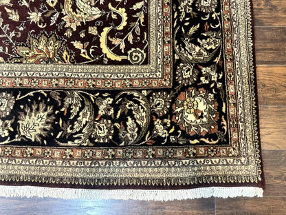 Indo Persian Rug 10x14, Floral Allover, Handmade Vintage Wool Rug, Dark Maroon/Plum and Black