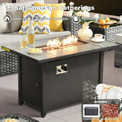 10 Piece Outdoor Wicker Sectional Sofa Set with Fire Pit