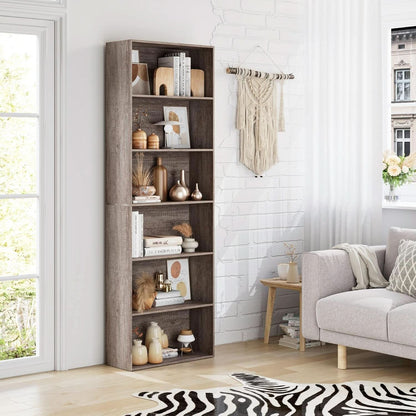 6 Tier Open Bookcase Gray Freestanding For Bedroom Space