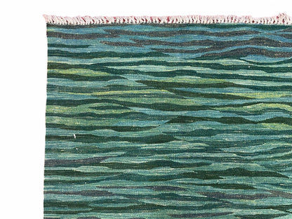 Sea Green Kilim Area Rug, White Blue Red Stripes, Russian Flag Rug, Flatweave Hand Knotted Carpet, Turkish Carpet, Wool, New, 5' 6" x 7' 10"