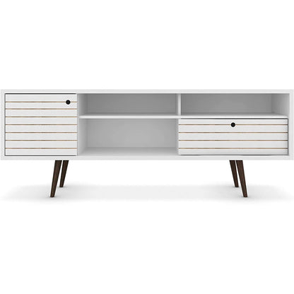 Mid Century TV Stand Solid Wood With Shelves And Cabinet