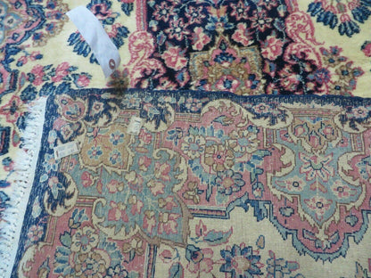 Antique Persian Kirman Rug 3.9 x 6.6, Floral Oriental Carpet, Ivory/Cream - Blue - Pink, Hand Knotted Wool Rug, Floral Medallion Rug 4x6