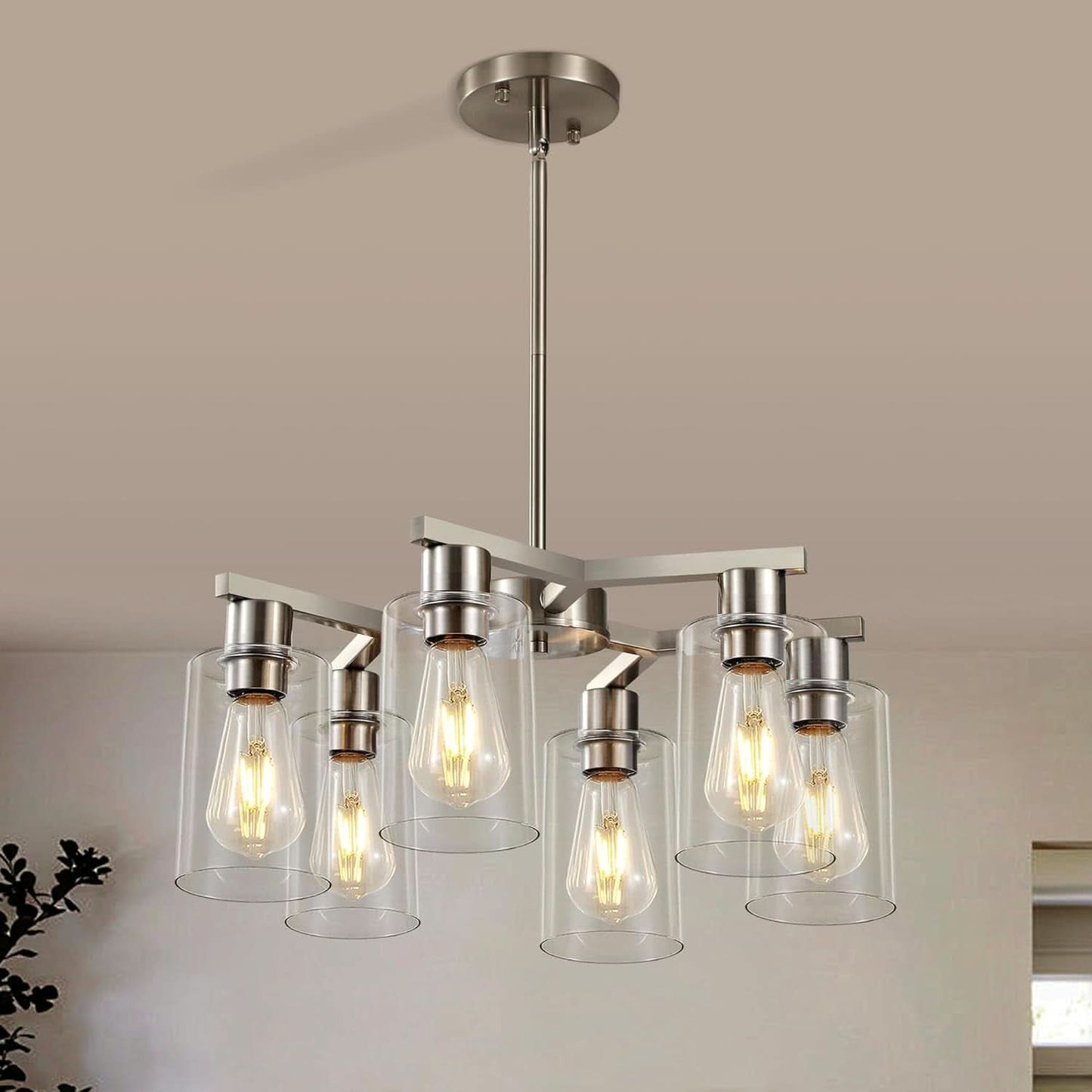 6 Light Farmhouse Brushed Nickel Pendant Chandelier