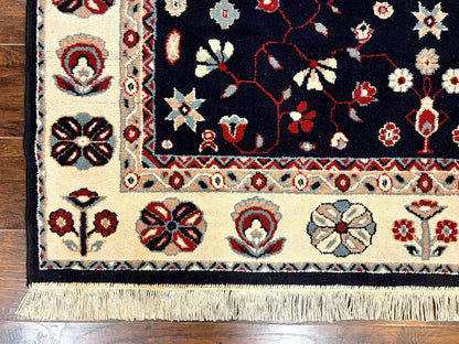 Belgium Power Loomed Rug 5.6 x 7, Navy Blue and Ivory, Heriz Pattern, Vintage Oriental Carpet