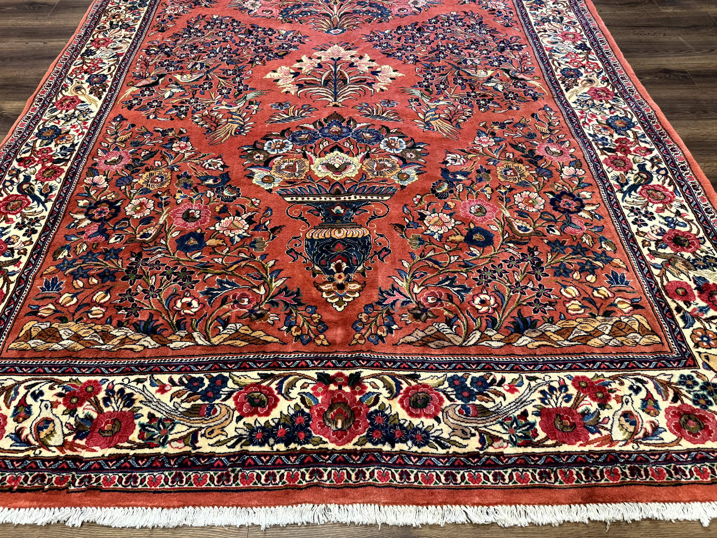Persian Sarouk Rug 7x10, Red and Ivory, Floral Bouquets, Birds