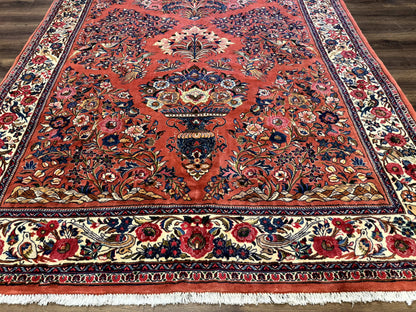 Persian Sarouk Rug 7x10, Red and Ivory, Floral Bouquets, Birds