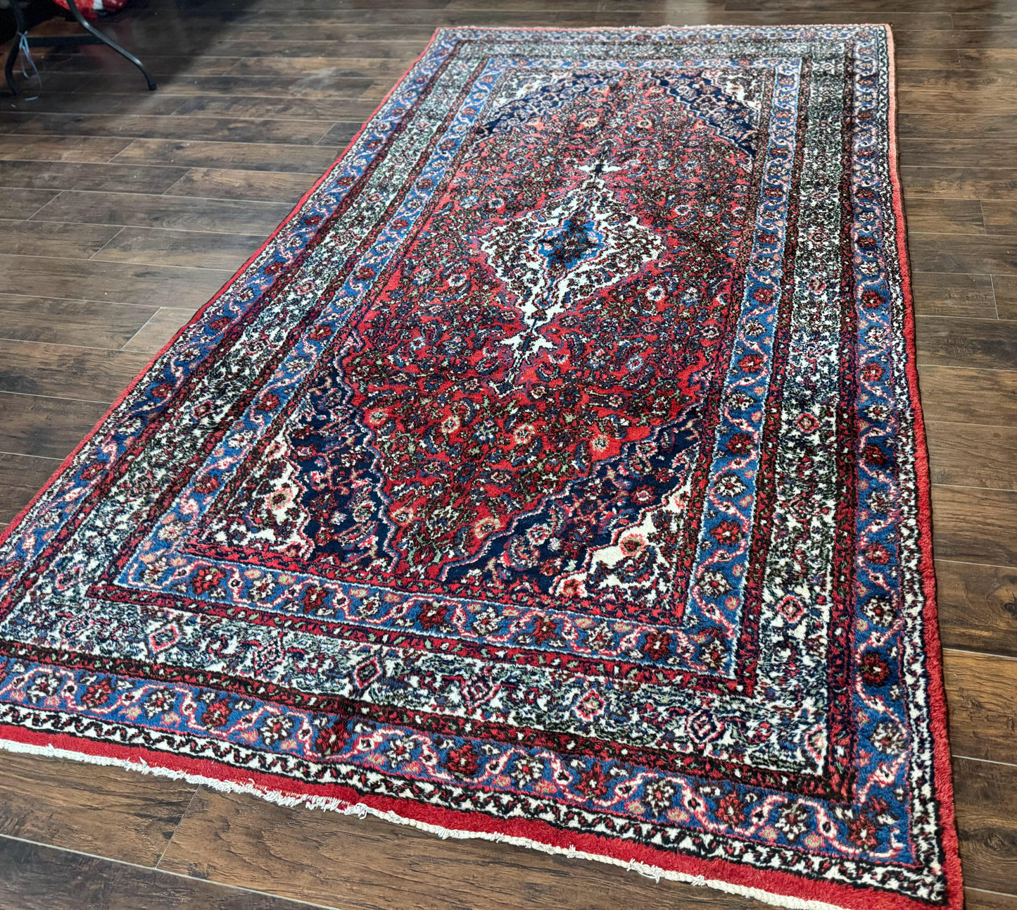 Persian Tribal Rug 6x11, Red Blue Ivory, Antique Persian Carpet, Hamadan Dargazin Carpet