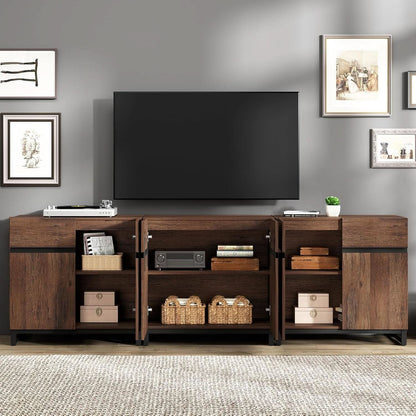 Brown 3 In 1 TV Stand For 100 Inch TV Adjustable Shelves Metal Base
