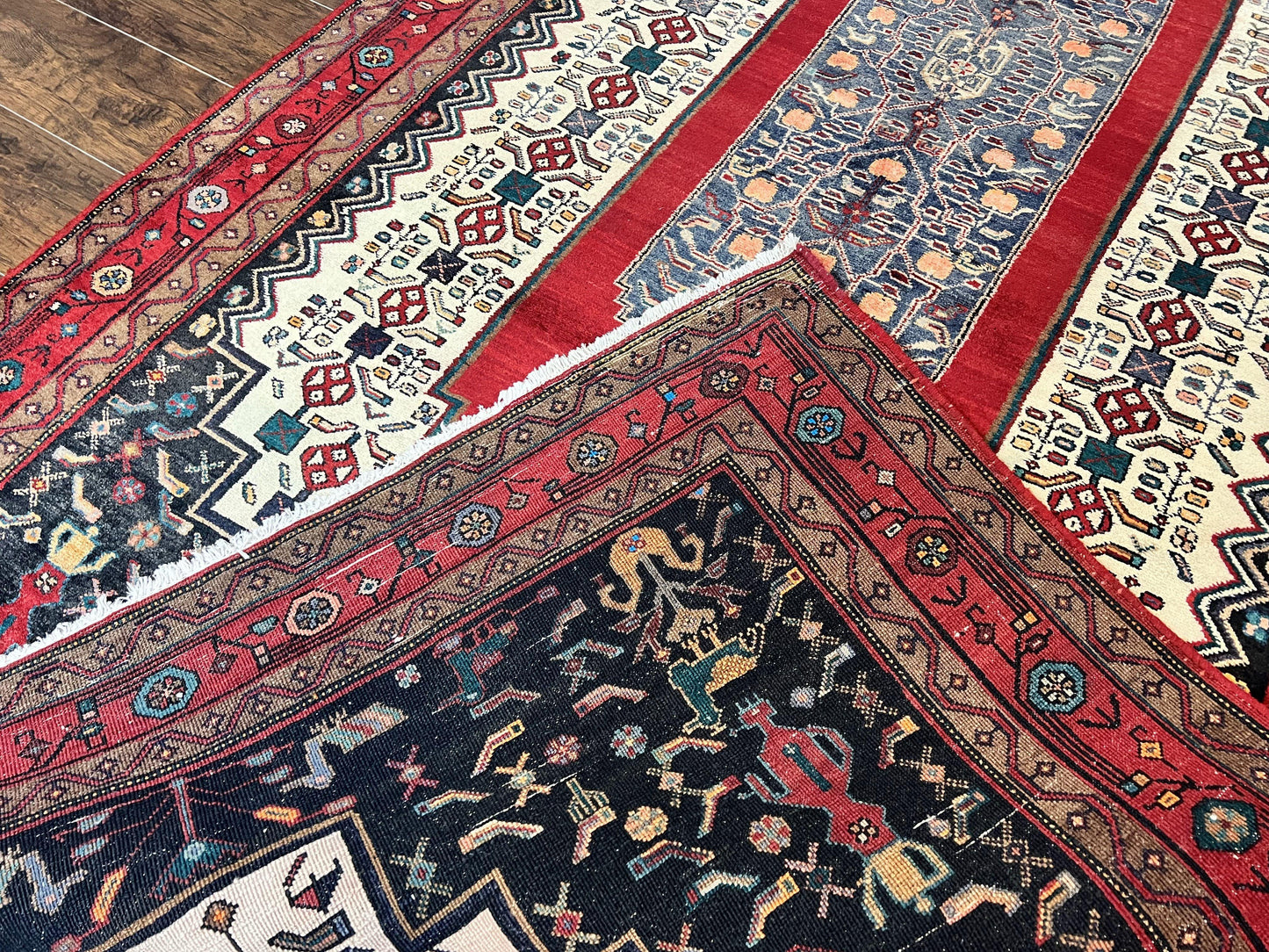 Persian Rug 5x12 ft, Red Cream Navy Blue, Pictorials, Hand Knotted Handmade Wide Runner Tribal Bidjar Semi Antique Wool Geometric Oriental Rug