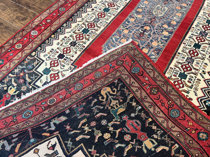 Persian Rug 5x12 ft, Red Cream Navy Blue, Pictorials, Hand Knotted Handmade Wide Runner Tribal Bidjar Semi Antique Wool Geometric Oriental Rug