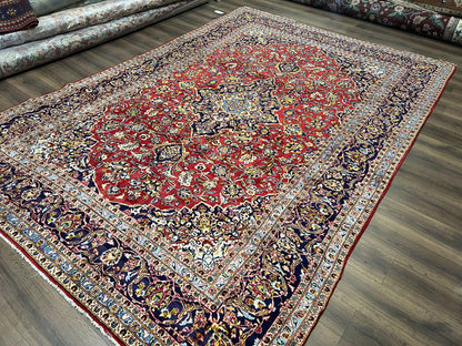 Persian Kashan Rug 9x12, Red Navy Blue, Allover Floral Medallion & Corner Design, Handmade Wool Oriental Carpet, Semi Antique Traditional Carpet