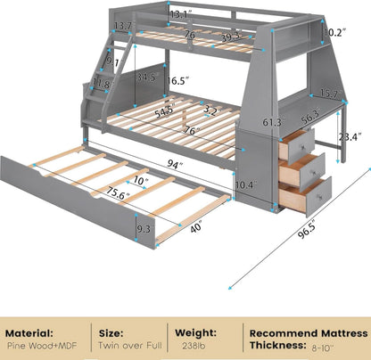 Gray Twin Over Full Bunk Bed With Trundle And Desk