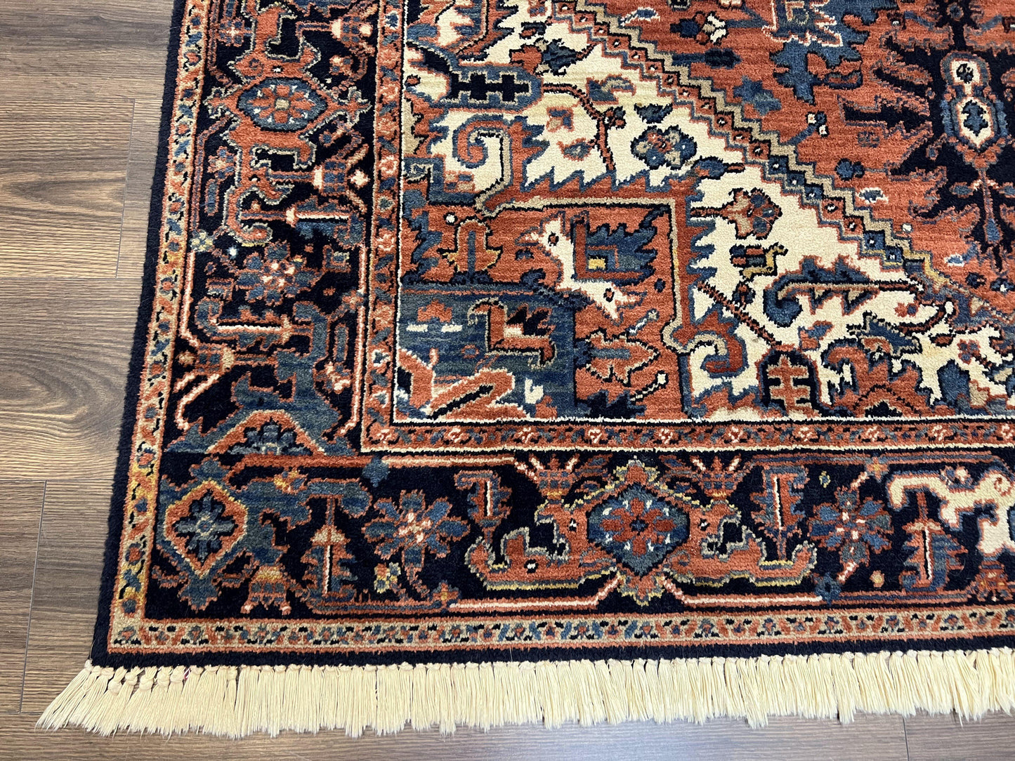 Heriz Rug 5.6 x 8, Geometric Medallion, Wool Oriental Carpet, Tribal Boho Rug, Red Navy Blue Cream, Belgium Power Loomed Rug, Medium Sized