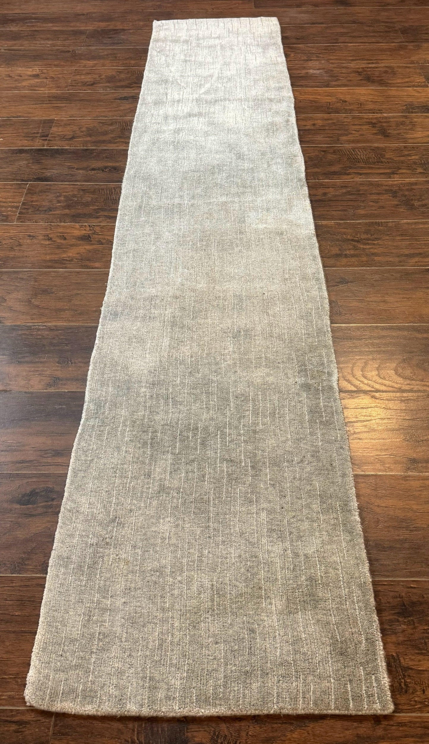 Modern Tibetan Runner Rug 1.9 x 8.6, Wool and Silk Highlights, Gray/Silver, Narrow Runner for Hallway or Kitchen