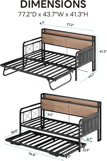 Twin Daybed With Trundle And Charging Station In Natural Wood
