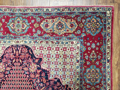 Antique Persian Tehran Rug 5x8, Midnight Blue and Red, Hand-Knotted, Wool