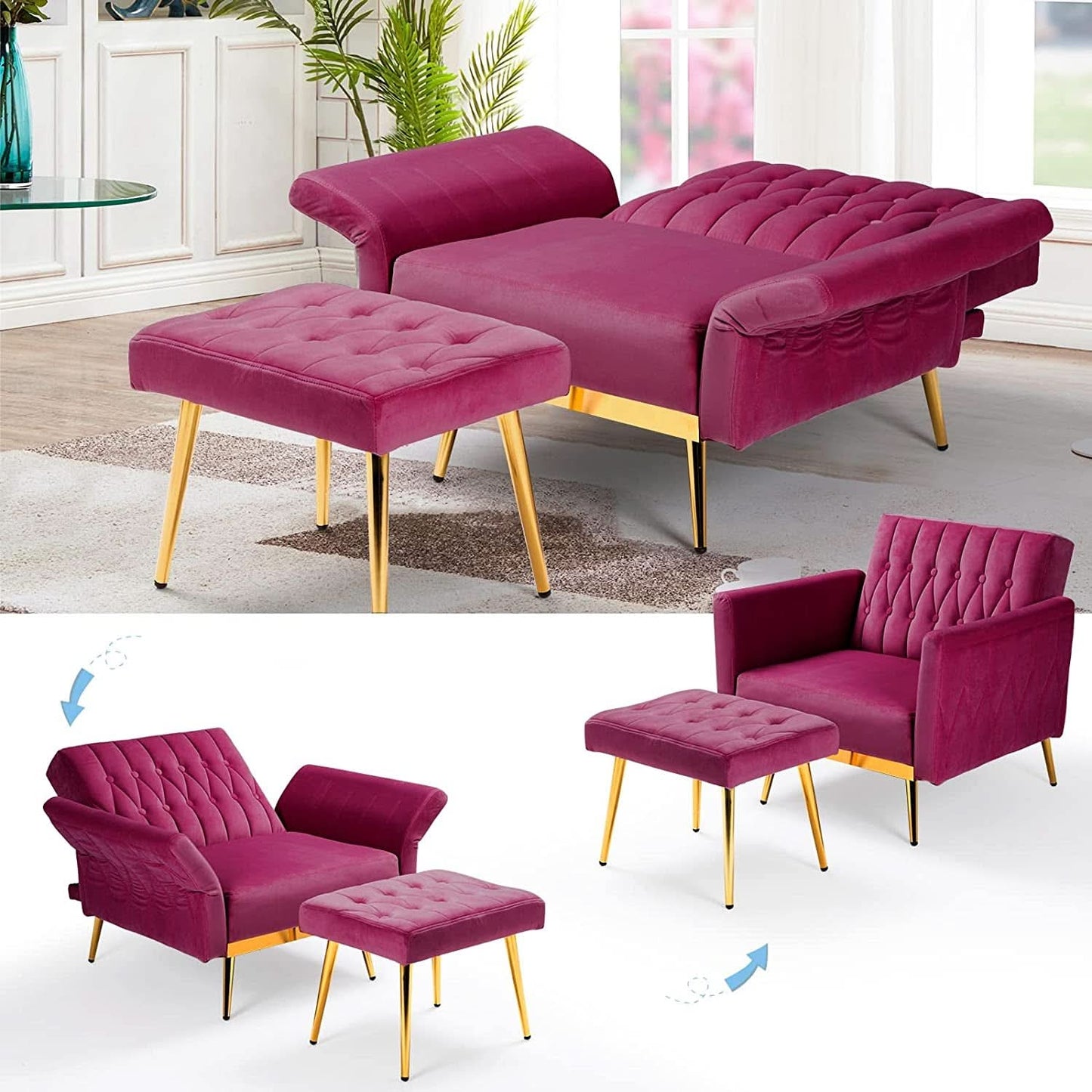 Fuchsia Velvet Adjustable Accent Chair With Three Backrest Angles