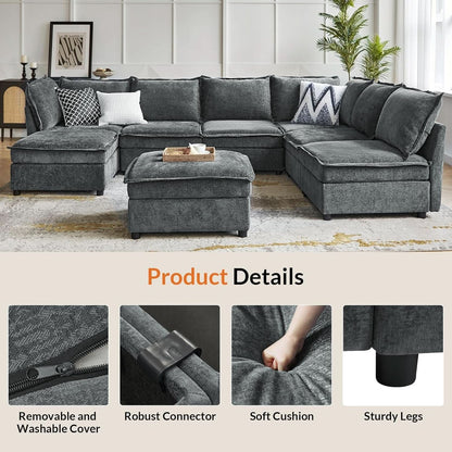 127 Inch Grey Modular Sectional Sofa With Storage Ottoman