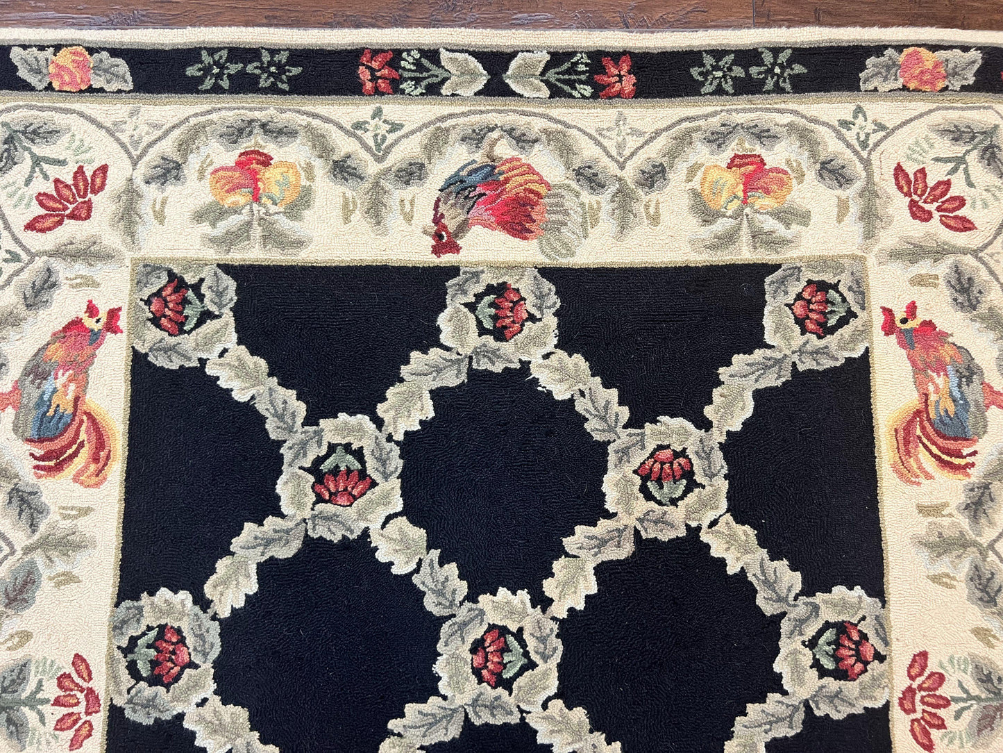 Hooked Rug 5x8, European Aubusson Pattern, Black and Ivory, Roses & Roosters, Vintage Wool Rug