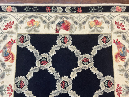 Hooked Rug 5x8, European Aubusson Pattern, Black and Ivory, Roses & Roosters, Vintage Wool Rug