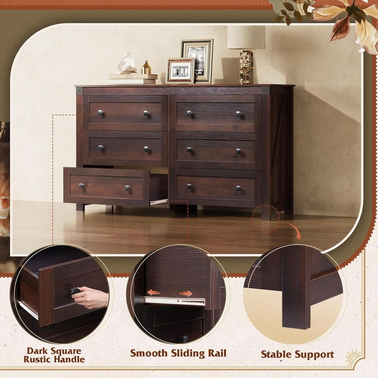 Brown Farmhouse 53 Inch 6 Drawer Dresser Rustic Handles