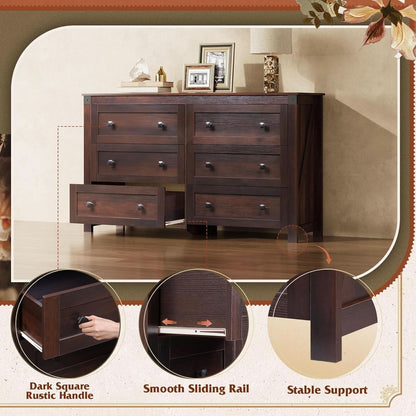 Brown Farmhouse 53 Inch 6 Drawer Dresser Rustic Handles