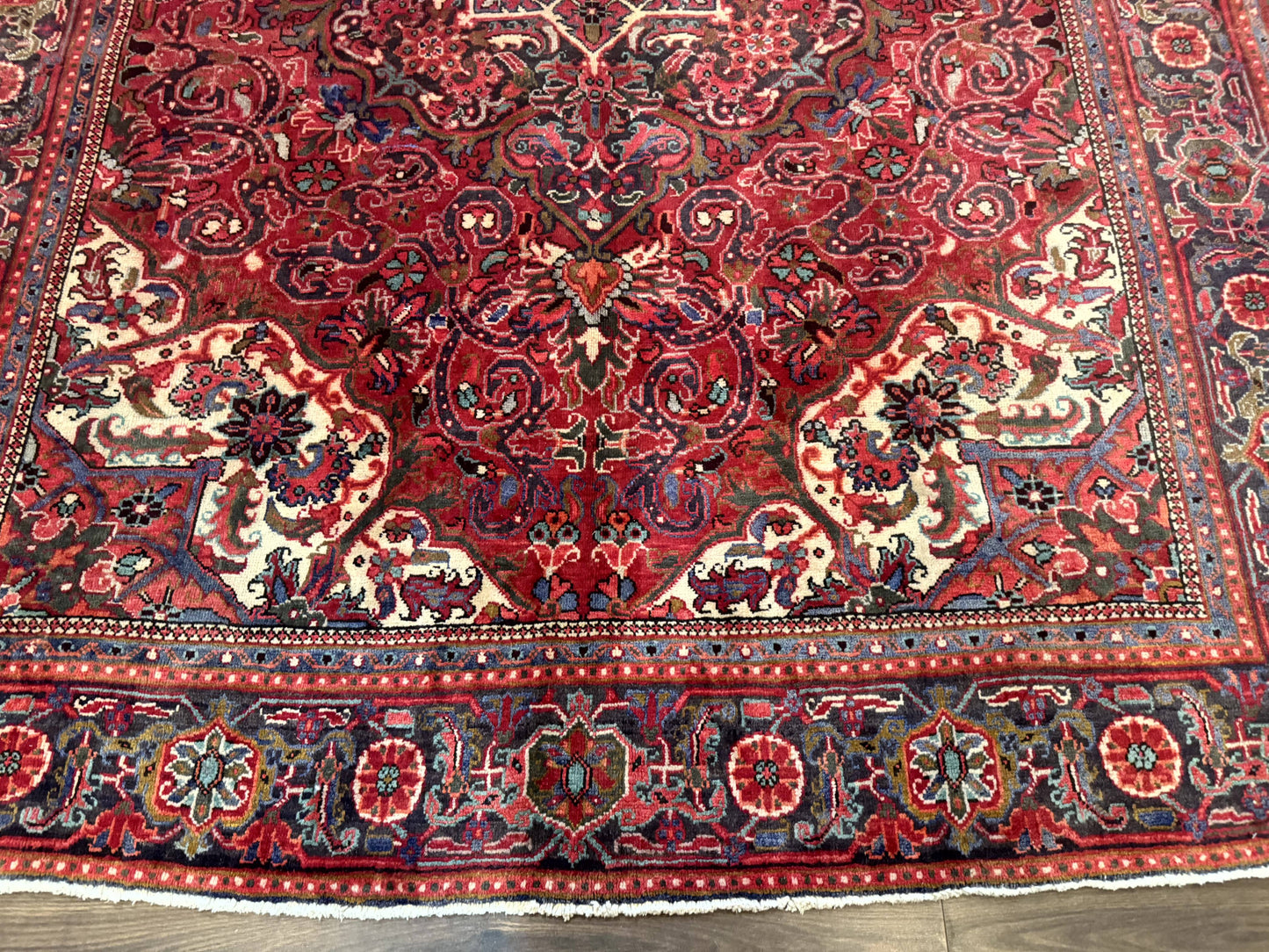 Persian Heriz Rug 7x10, Red and Navy, Geometric Medallion, Vintage Wool Carpet