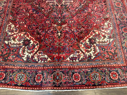 Persian Heriz Rug 7x10, Red and Navy, Geometric Medallion, Vintage Wool Carpet