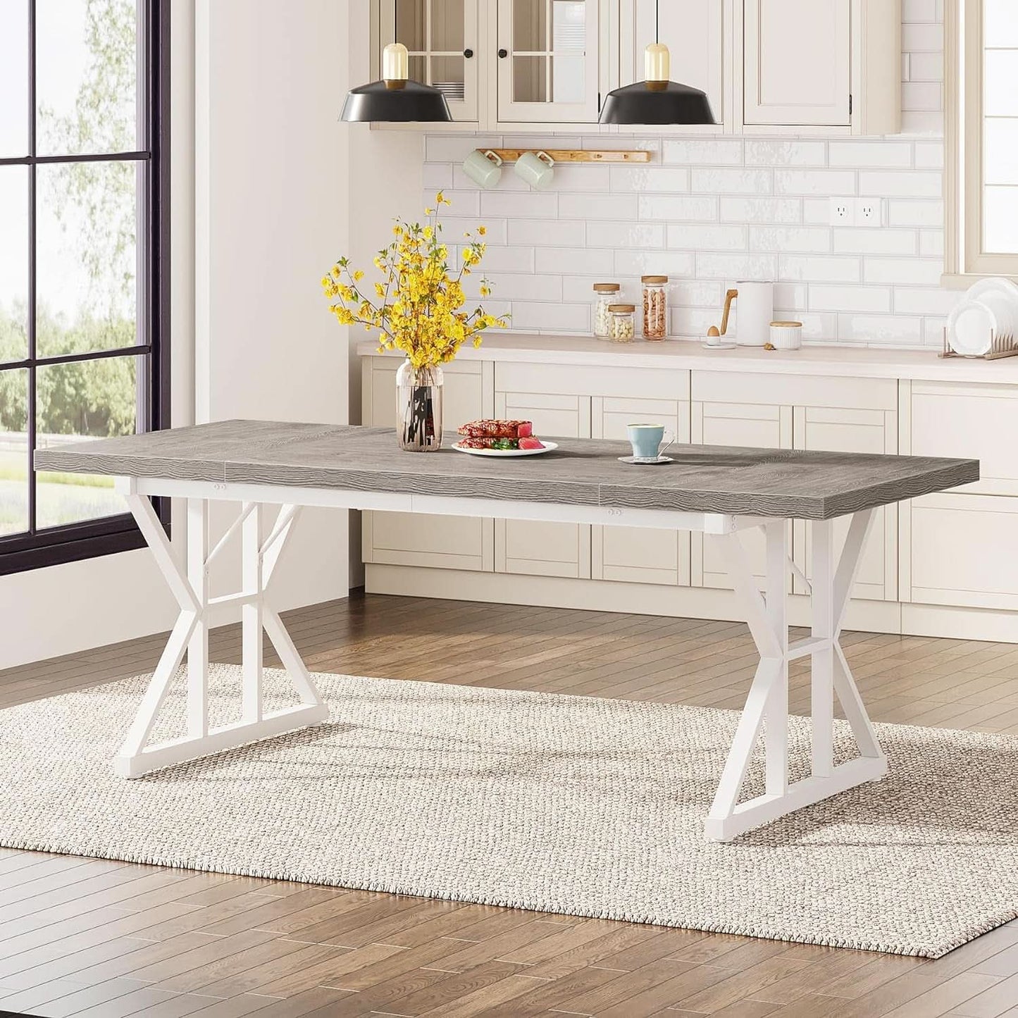 Farmhouse 6 Person Dining Table 70.8 Inch Grey Wood Table