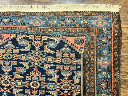 Antique Persian Tribal Rug 5x7, Navy Blue & Pink, Hand Knotted Handmade 1920s Wool Rug, Allover Pattern, Persian Hamadan Rug