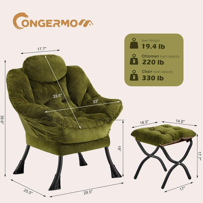 Plush Green Folding Ottoman Lounge Chair With Footrest