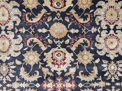 Indo Mahal Rug 8x12, Indian Sultanabad Handmade Area Rug, Vintage Hand-Knotted Wool Black Floral Traditional Oriental Dinning Room Rug