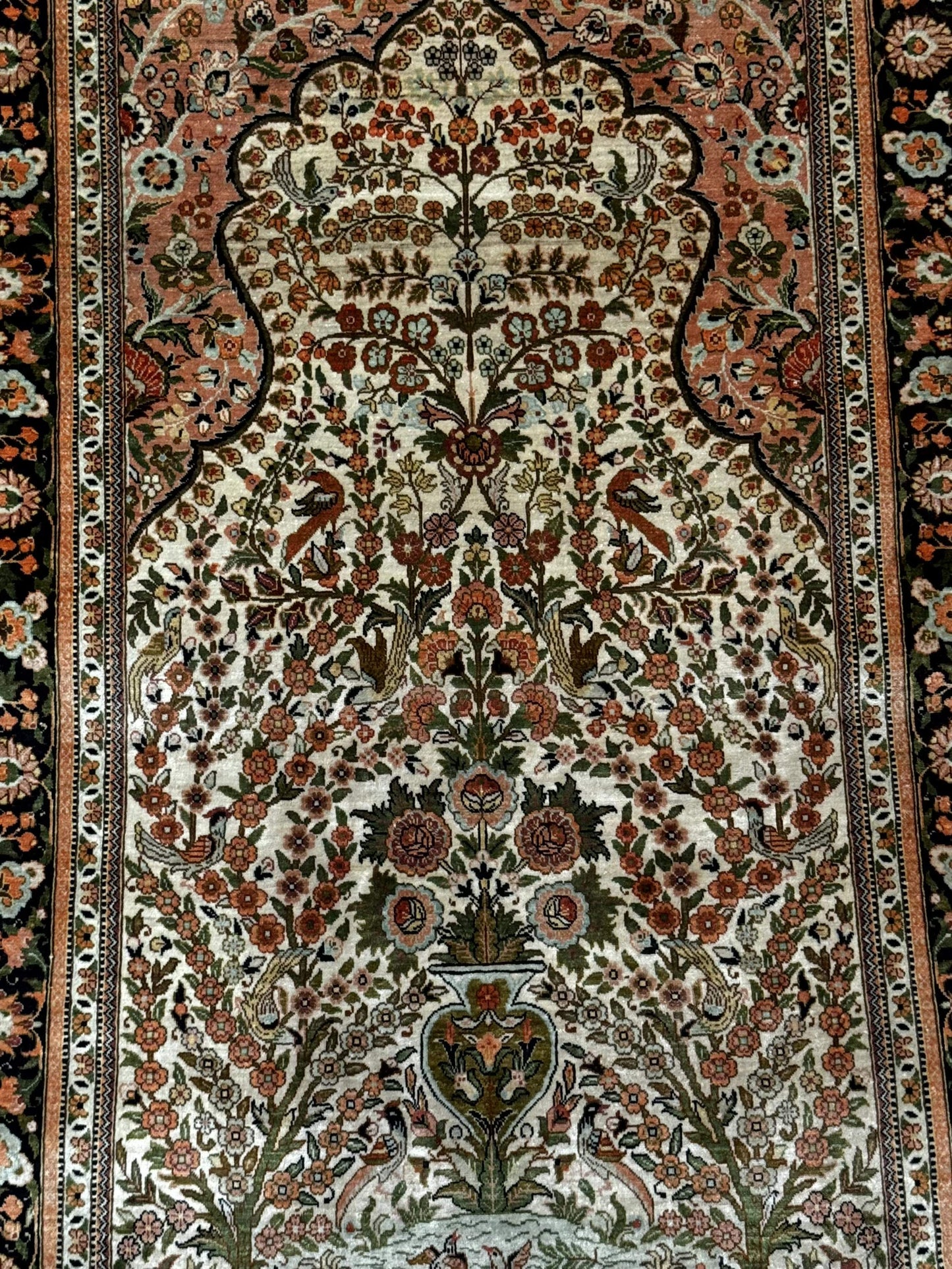 Exceptional Silk Rug 2.6 x 4, Very Fine 630 KPSI, Persian Vase Tree of Life Bird Pictorials, Handmade