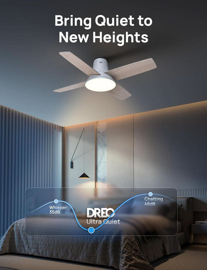 44 Inch White Smart Ceiling Fan With Dimmable LED Light And Remote