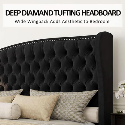 Queen Size Platform Bed Frame With Nailhead Trim Deluxe