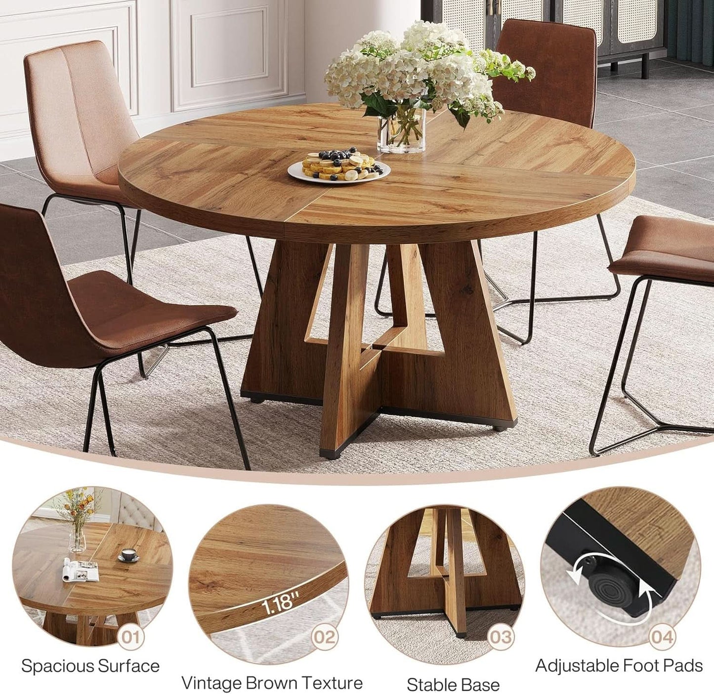 Round 47 Inch Farmhouse Dining Table For Four Kitchen Living Room Wood