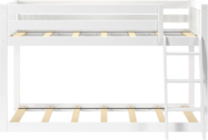 White Twin Low Bunk Bed Solid Wood Frame For Kids Safe