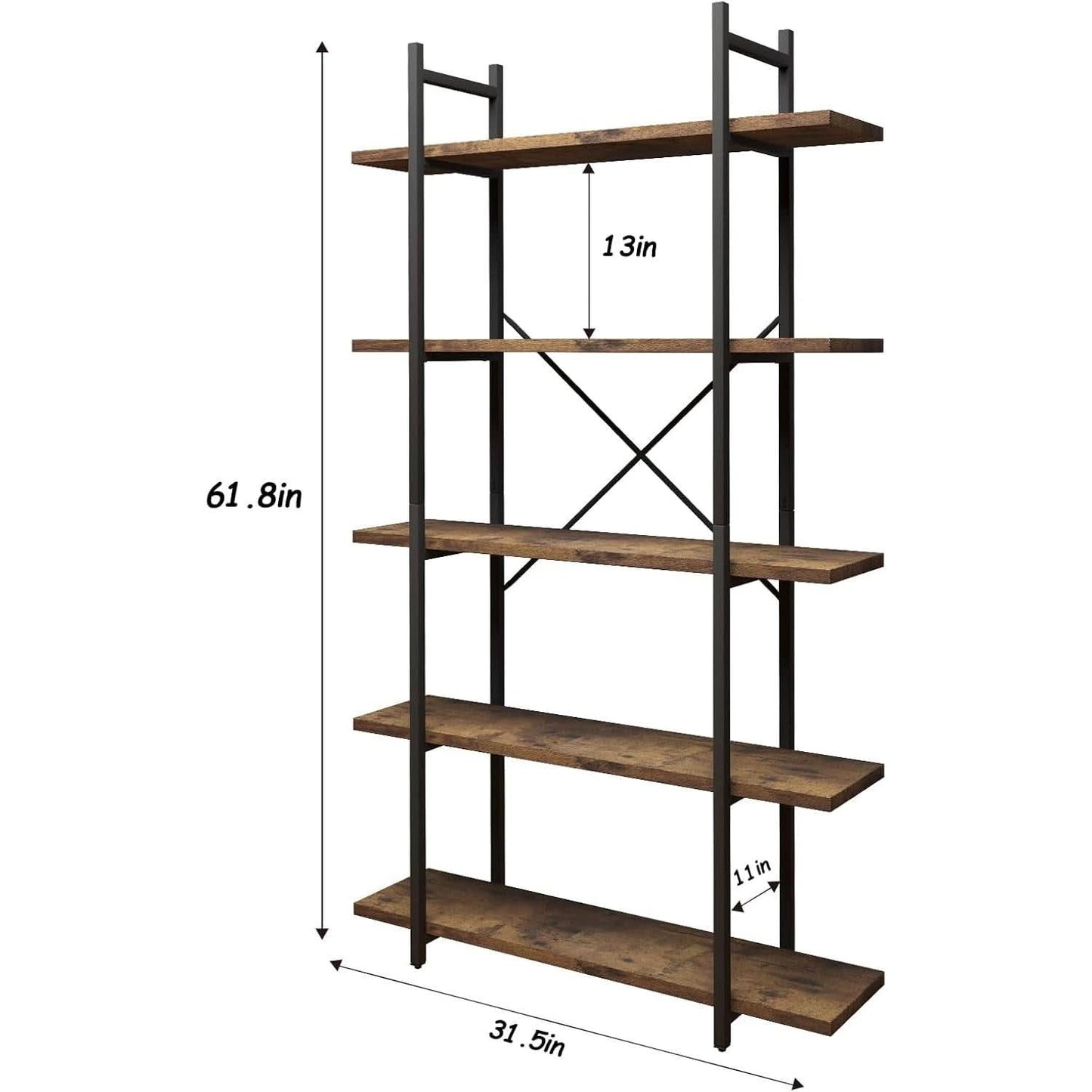 Five Tier Bookshelf Organizer Rustic Brown Metal Shelving