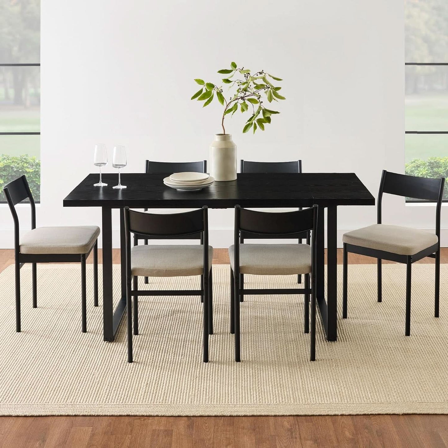 Six Seat Contemporary Dining Set Black Upholstered
